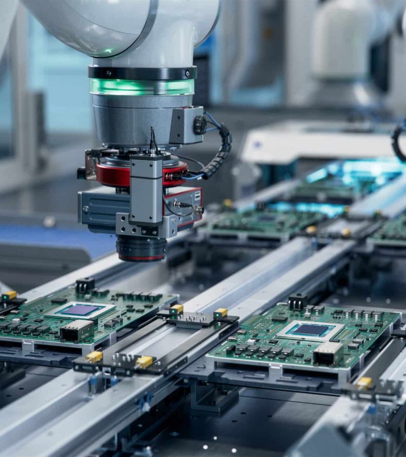 Component Installation and Quality Control of Circuit Board. Fully Automated PCB Assembly Line Equipped with High Precision Robot Arms at Electronics Factory. Electronic Devices Manufacturing Industry